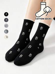 1/5 pares de calcetines de tripulación para mujer con estampado floral y de lunares, suaves y casuales para uso diario - Multicolor - Ver 9
