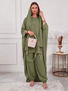 Women's Solid Color Long Sleeve High Neck Hem Top And Pants Arabic Outfit Set - Green - View 2