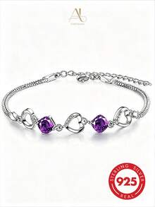 1pc Romantic Purple Style 925 Silver Square Amethyst Hollow Heart Rhinestone Snake Chain Bracelet, Suitable For Women's Daily And Date Wear - Silver - View 8