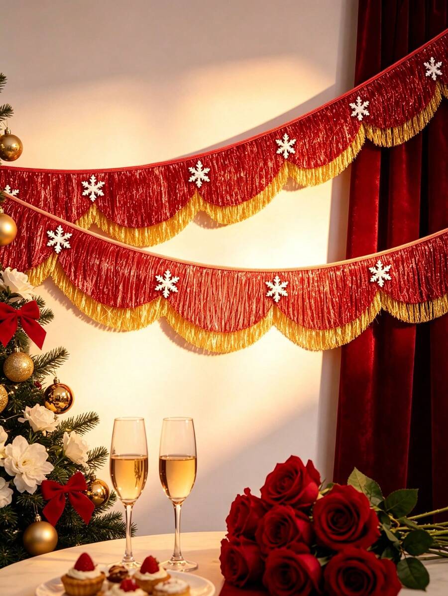 2Pcs Red Gold Scalloped Layered Fringe Banner,Christmas Decorations For Home,6.5 Ft Christmas Wavy Tinsel Fringe With Snowflake Decor For Fireplace Mantel, Window, Tree, Holiday & Birthday Party Home Decoration - View 1