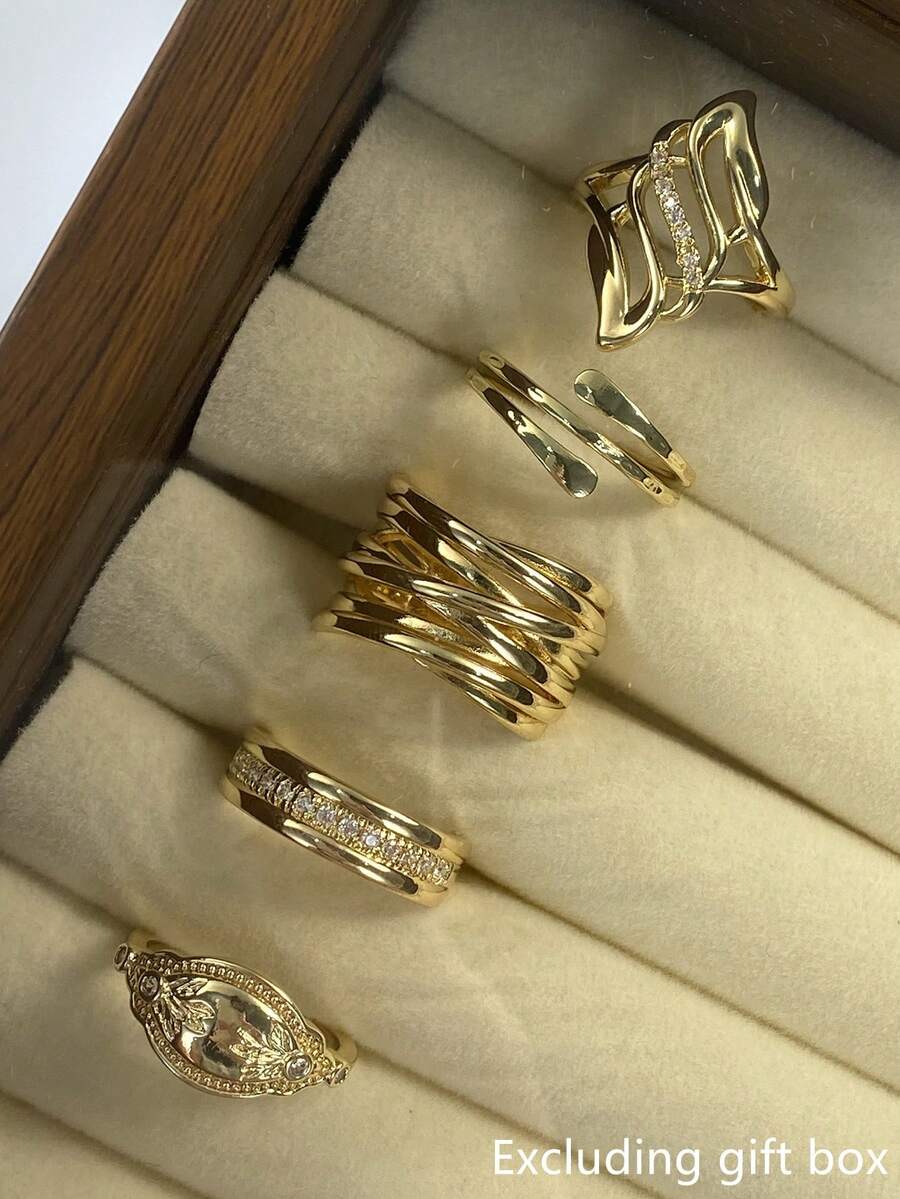 5pcs/Set Vintage Cubic Zirconia Rings, Women's Wedding Anniversary Gift (Gift Box Not Included) - 1# - View 1
