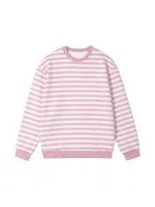 1pc Women's Pink & White Striped Loose Crew Neck Sweatshirt, Dropped Shoulder Lazy Top, Suitable For Home, Shopping, Daily Wear - Pink - View 4