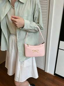 Tas Bahu Baru dengan Hiasan Pita yang Cantik, Tas Tangan Kain PU Lembut Motif Leci untuk Anak Perempuan, Tas Kecil Serbaguna untuk Dibawa, Tas Bahu untuk Pemakaian Sehari-hari - A - View 5