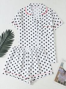 2pcs Women's Comfortable Polka Dot Print Short Sleeve Collared Top And Bow Shorts Pajama Set - White - View 1