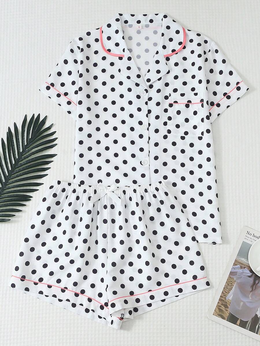 2pcs Women's Comfortable Polka Dot Print Short Sleeve Collared Top And Bow Shorts Pajama Set - White - View 1