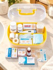 Multi-Layer Portable Medicine Box, Transparent Storage Box, Home Essential First Aid Kit. Dual-Layer Compartment Design, Organized Storage For Iodine, Bandages, Swabs, Thermometers And Other Medical Supplies. Transparent Body, Clear Visibility Of Internal Items, Flip Lid With Built-In Handle, Easy To Carry And Move. Dust-Proof And Moisture-Proof, Convenient For Quick Access To Emergency Medications In Bedroom, Living Room. Compact And Space-Saving, Suitable For Daily Home Care And Minor Wound Emergencies - Multicolor - View 1