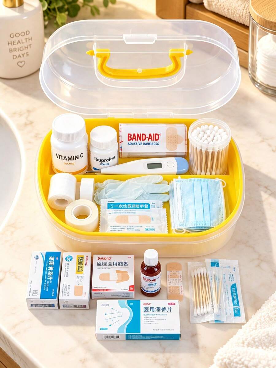 Multi-Layer Portable Medicine Box, Transparent Storage Box, Home Essential First Aid Kit. Dual-Layer Compartment Design, Organized Storage For Iodine, Bandages, Swabs, Thermometers And Other Medical Supplies. Transparent Body, Clear Visibility Of Internal Items, Flip Lid With Built-In Handle, Easy To Carry And Move. Dust-Proof And Moisture-Proof, Convenient For Quick Access To Emergency Medications In Bedroom, Living Room. Compact And Space-Saving, Suitable For Daily Home Care And Minor Wound Emergencies - Multicolor - View 1
