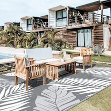 Karpet Luar Ruangan Tahan Air Ukuran 5ft x 8ft, Motif Jerami Plastik Bolak-balik, Cocok untuk Penggunaan Dalam dan Luar Ruangan, Ideal untuk RV, Teras, Patio, Halaman Belakang, Berkemah, Balkon, Piknik, Warna Abu-abu dan Putih - daun berwarna abu-abu dan putih - View 4