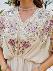 Women's Elegant Luxury One Size Computer Embroidered Sequin Beaded Ball Gown, Chiffon Batwing Sleeve, Pleated Hem - Champagne - View 7