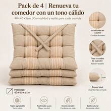 Padded Chair Cushion 40 X 40 Cm With Tie-On Straps, Polyester Seat Pad With Striped Pattern And Linen Texture For Dining Room And Garden, Grey And Beige - Khaki - View 8
