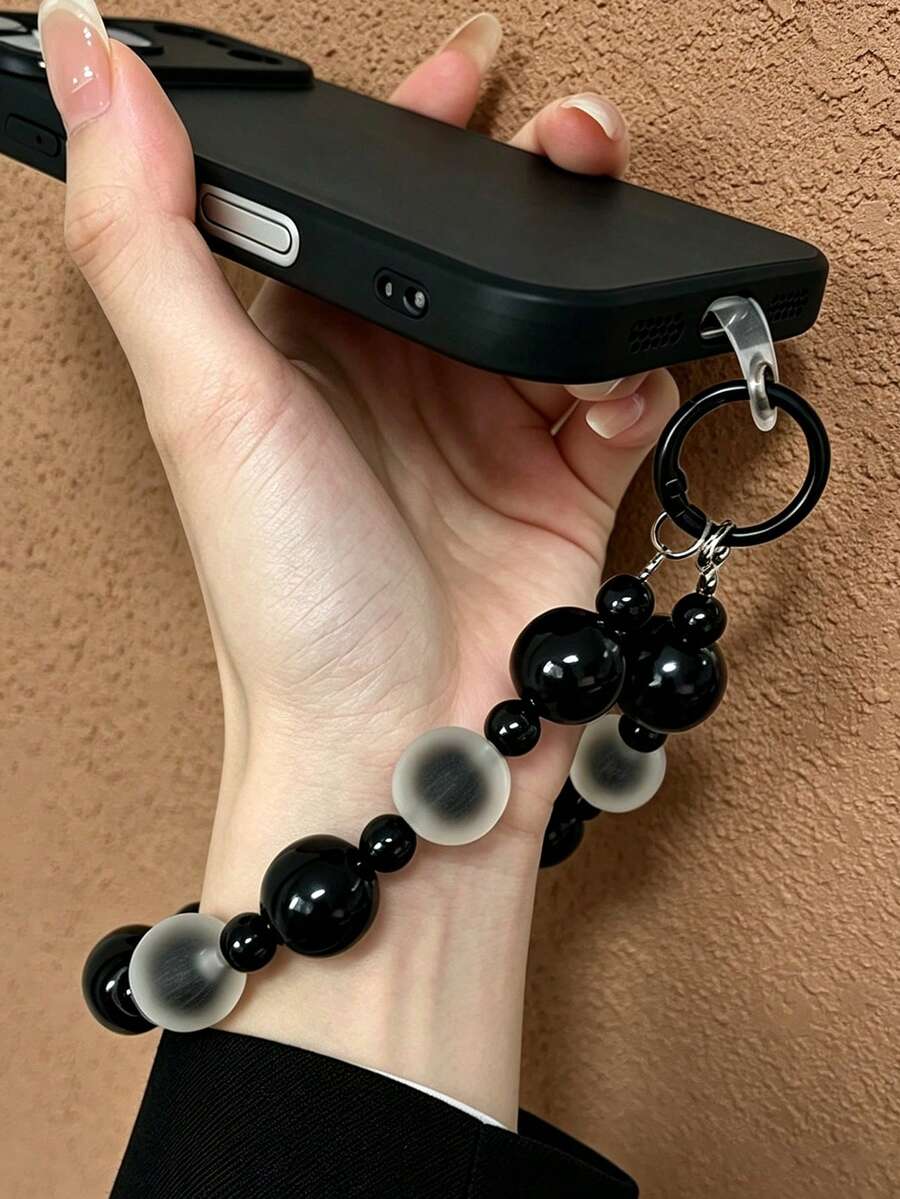 黑色與磨砂透明白珠手機腕帶,亮黑球與霧面漸層珠手掛繩,附黑色彈簧環,極簡冷淡風防丟配件,適用於手機殼、包包、鑰匙 - 黑色 - 查看 1