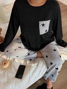 Women's Minimalist Star Stripe Home Set, Plus Size Long Sleeve Top With Pockets And Wide Leg Pants, Comfortable Pajamas - Black - View 1