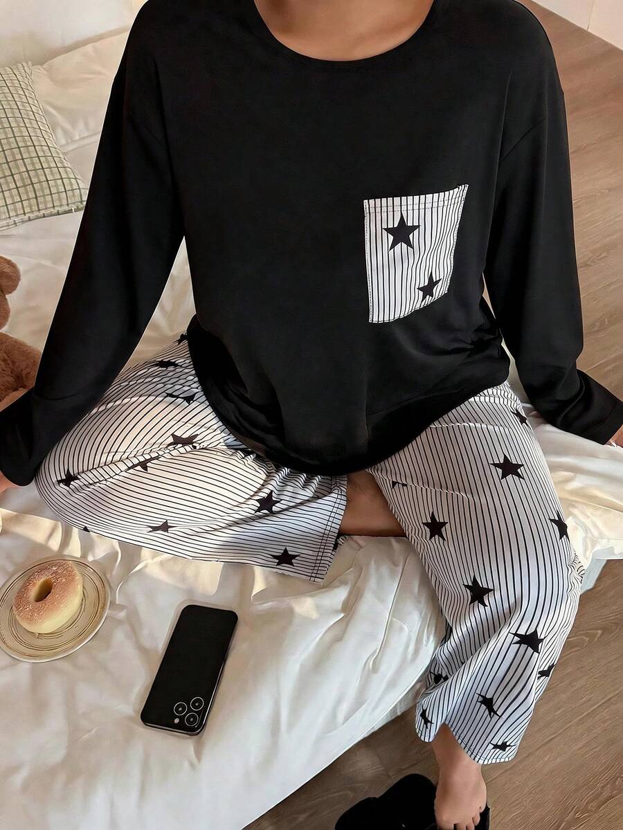 Women's Minimalist Star Stripe Home Set, Plus Size Long Sleeve Top With Pockets And Wide Leg Pants, Comfortable Pajamas - Black - View 1