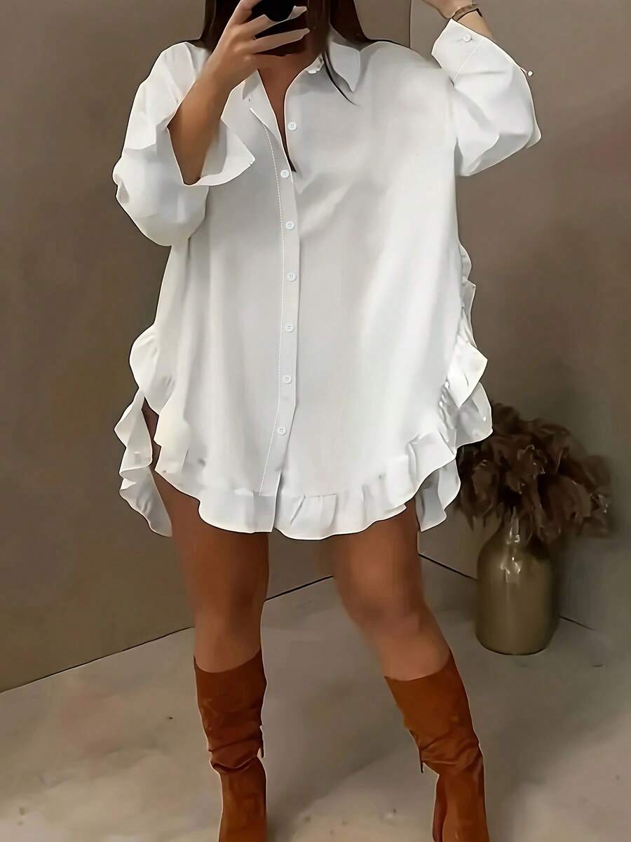 Plus Size Women's Solid Color Front Button Ruffle/Flounce Trim Blouse, Casual College Style - White - View 1