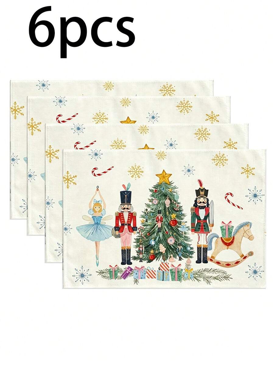 Bộ 6 tấm lót bàn ăn Giáng Sinh mùa đông họa tiết Nutcracker và cây thông Noel, hình chữ nhật, chất liệu polyester, chỉ giặt tay, đồ trang trí ngày lễ phù hợp cho bàn ăn gia đình và tiệc - A - Xem 1