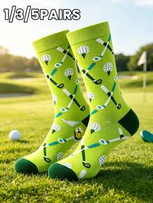 1/3/5 Pairs Fresh Lime Green Golf Themed Mid-Calf Socks, Fun Golf Club & Ball Jacquard, Comfortable & Skin-Friendly, Perfect For Golf And Daily Wear - Green - View 8