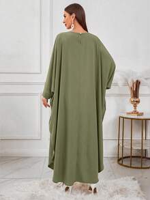 Women's Solid Color Long Sleeve High Neck Hem Top And Pants Arabic Outfit Set - Green - View 4