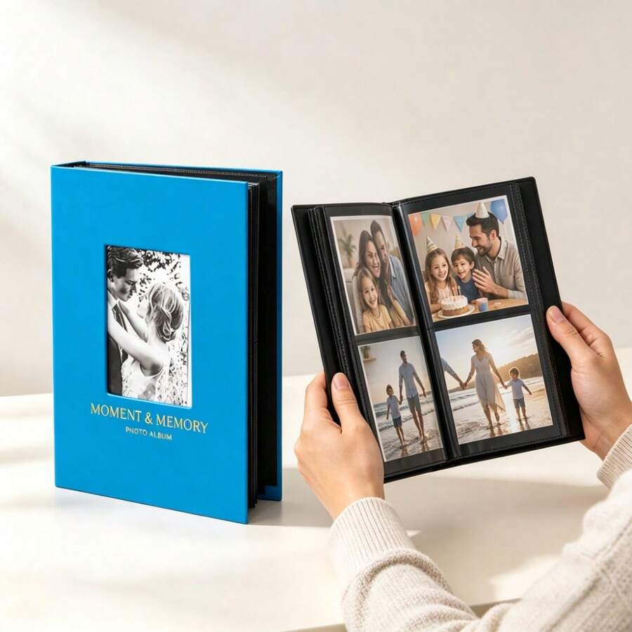 4*6 Inch 200-Pocket Photo Album, PU Leather Hardcover Photo Album, Photo Storage Book, Commemorative Collection Album, With Front Window, Gold Foil Cover, Black Inner Pages, Tie Closure, Can Store 200 Photos, Size 22.5*17.5 Cm (8.6*6.9 Inches), Suitable For Family, Friends, Couples - Red - View 1