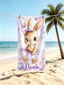 Custom Name Purple Ballerina Bunny Beach Towel, Soft Quick-Dry Single-Sided Towel, Violet Bow Heart Rabbit Pattern For Beach Pool, Girls Birthday Gift - Multicolor - View 2