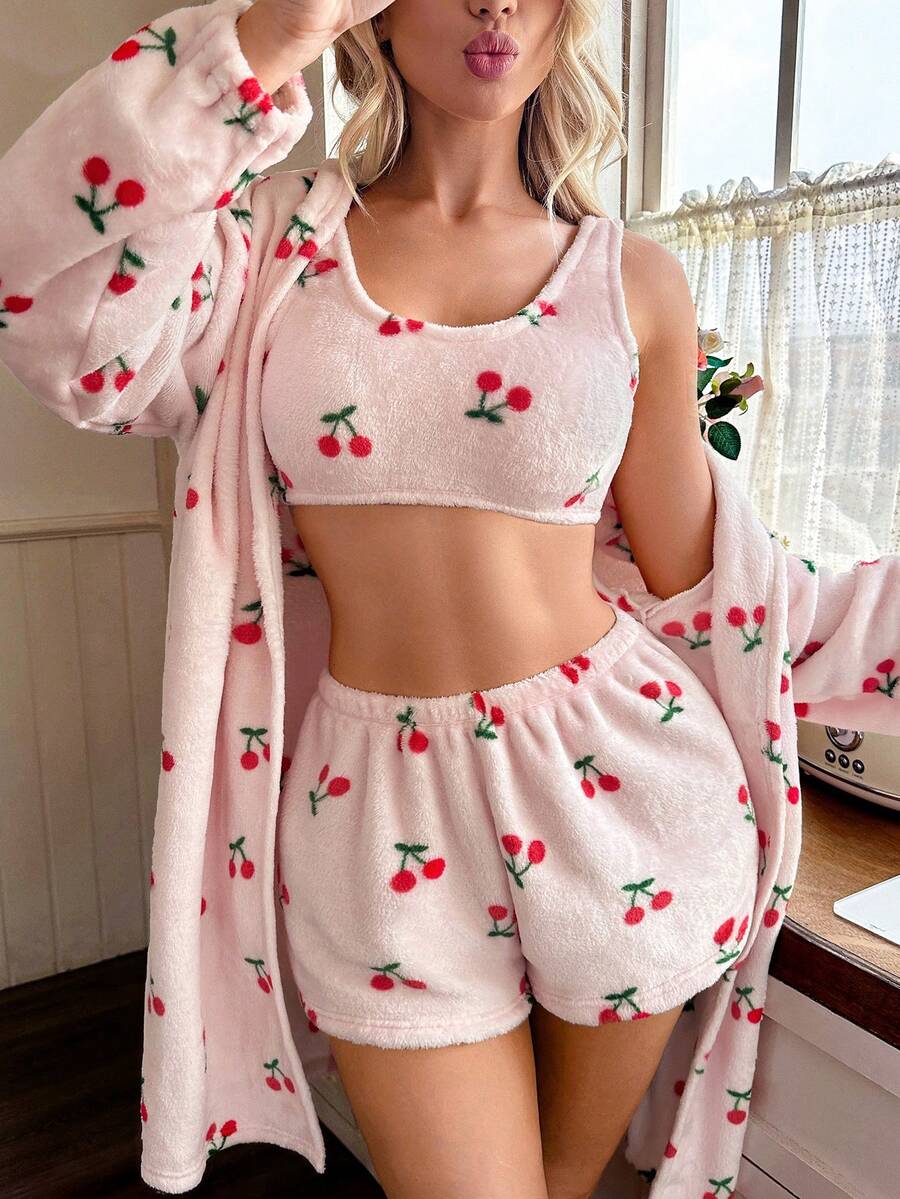 3pcs Women's Cherry Print Fleece Pajama Set, Hooded Long Robe + Spaghetti Strap Camisole + Shorts, Plush Loungewear Sleepwear, Suitable For Winter - Pink - View 1
