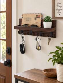 Decorative Key Hanging Rack With 4 Double Hooks – Easy Install Natural Wooden Key And Mail Holder For Wall Mount – Entryway Decor Rack With Shelf - 4 Hooks - View 1