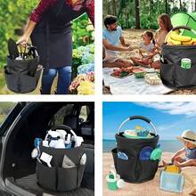 1pc Rustic Style Solid Color Gardening Tool Storage Bag, Round Bucket Shape With 6 Side Pockets And Thickened Metal Handle, Foldable Oxford Cloth Storage Bag, Large Capacity Home Gardening Organizer - A - View 4