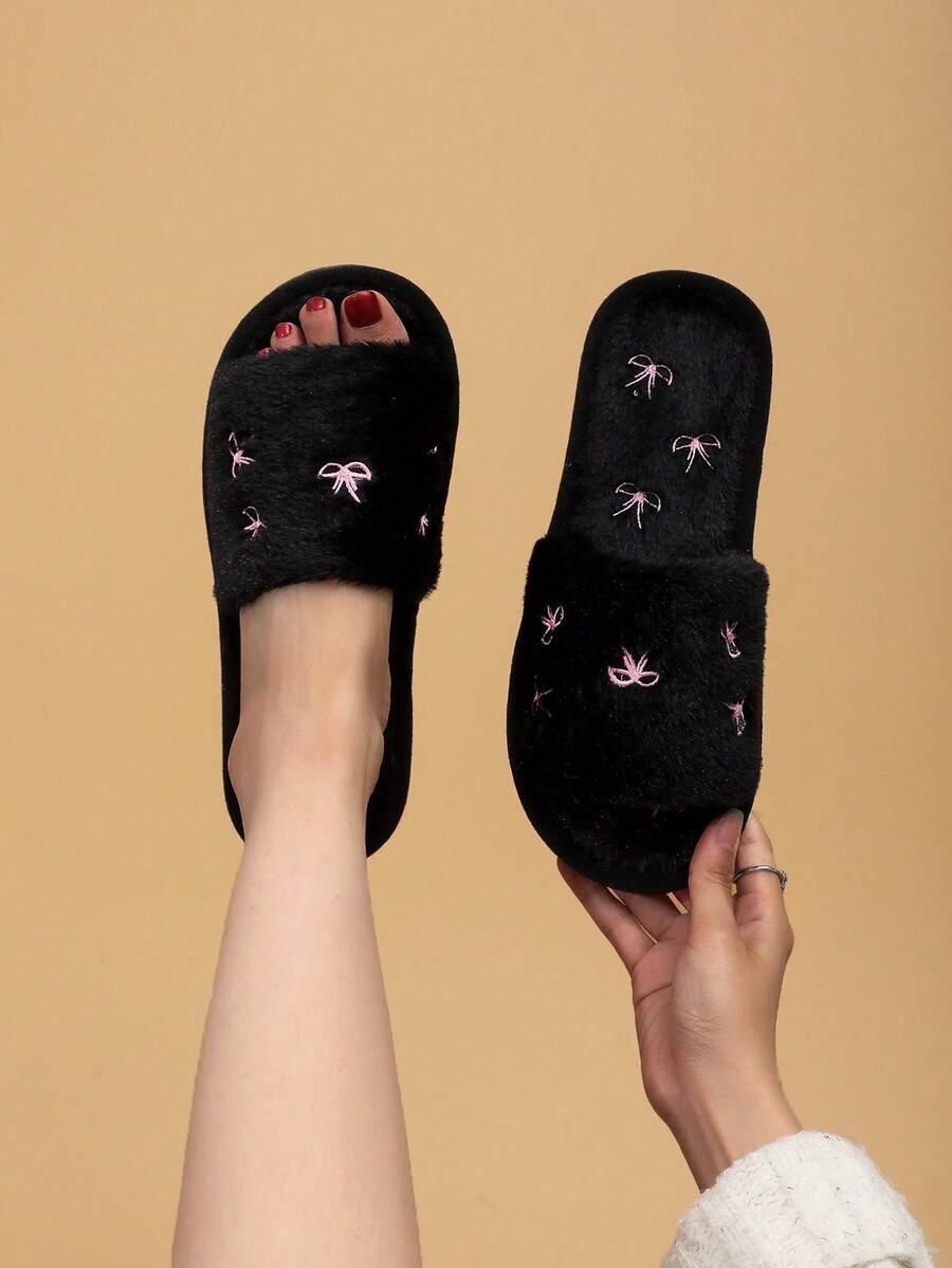 Women's Open Toe Home Slippers With Bow Knot, Elegant Fashion Fabric Embroidery, Quiet Floor Slippers For All Seasons - Black - View 1