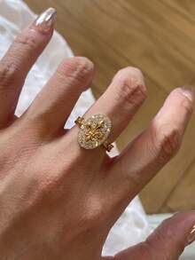 3pcs Old Money Style Vintage Full Rhinestone Iris Flower Rings, Luxury Retro Niche High-End Feel, Stackable Rhinestone Index Finger Ring Band, Versatile Fashion Accessory For Daily Commute - Gold - View 4