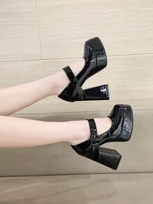 Women's Black Square Toe Mary Jane Pumps With Thick Sole And Chunky High Heel, Buckle Strap, Suitable For Graduation, Prom, Party, Concert - Black - View 6