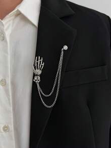 1pc Gothic Skull Palm Chain Brooch, Vintage Silver Tassel Chain Pin, Dark Personalized Decorative Accessory For Suit Jacket - White K - View 1