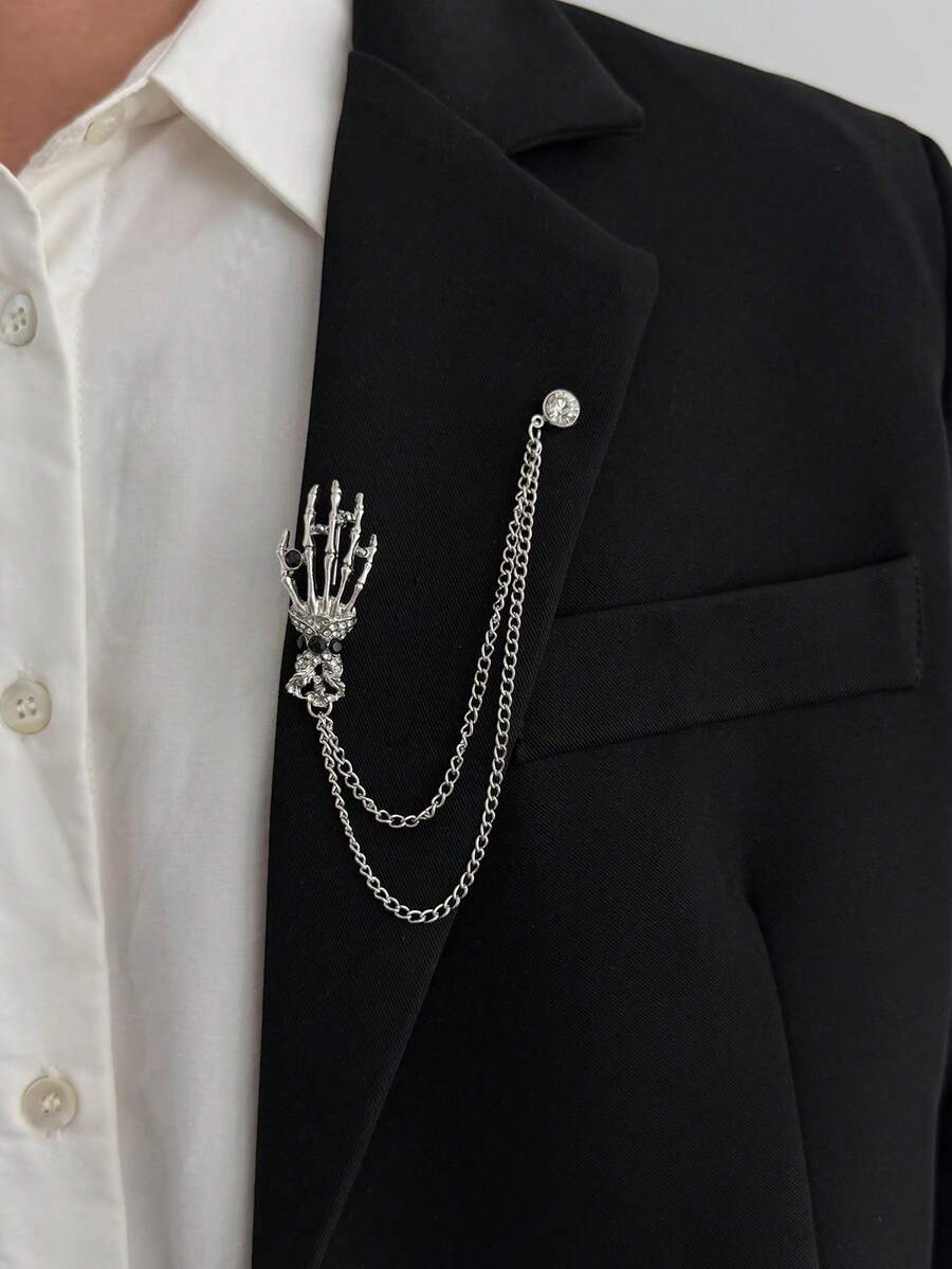 1pc Gothic Skull Palm Chain Brooch, Vintage Silver Tassel Chain Pin, Dark Personalized Decorative Accessory For Suit Jacket - White K - View 1