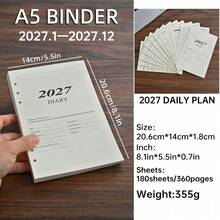 1 قطعة تقويم إنجليزي بحجم A5 لعام 2027، أوراق إعادة تعبئة مفككة، دفتر تخطيط يومي 365 يوم، يتضمن تقويم 2027، خطة شهرية، خطة يومية، متوافق مع أغلفة مفككة مختلفة - مقاس واحد يناسب الجميع - مشاهدة 2
