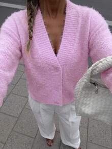 Senya 2026 Women's Pink Fluffy Knit Cardigan, Loose V-Neck Button Front Sweater, Plush Luxury, Sweet And Cute, Suitable For Autumn/Winter Wear, Fashionable And Versatile - Pink - View 6