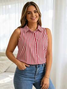Plus Size Women Casual Vintage Striped Sleeveless Button Design Shirt, Suitable For Summer Daily Wear Top - Red - View 1