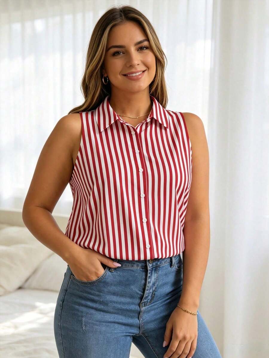 Plus Size Women Casual Vintage Striped Sleeveless Button Design Shirt, Suitable For Summer Daily Wear Top - Red - View 1