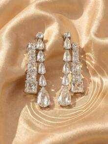 Swarovski 1 Pair Silver Teardrop & Square Glass Rhinestone Tassel Long Pendant Earrings, Exaggerated Style Jewelry For Women Wedding Party - Silver - View 6
