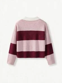 Spring/Autumn Multi-Color Contrast Lapel Long Sleeve Half-Button Cardigan Sweater - Pink and Wine Red - View 6