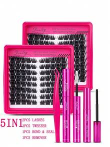 Desliy 5 In 1 Lash Clusters Kit Includes 2pcs Lashes 1pc Tweezer 1pc Bond & Seal 1pc Remover Mixed Styles Beginner-Friendly DIY At Home For Wedding/Daily/Travel/Gift Lash Clusters Individual Lashes False Eyelashes - Rose Red - View 12
