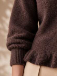 Elegant Solid Color Ruffle V-Neck Cardigan, Fuzzy Knit Gold Button Short Long Sleeve Sweater (Women's) - Coffee Brown - View 6