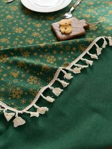 1PC Green Tablecloth With Gold Bell & Snowflake Pattern, Hot Stamping Craft, Farmhouse Christmas Style, Woven Fabric With Tassel Edge, Washable & Wrinkle Resistant, Decorative Table Cover For Dining Table, Xmas Holiday Party Decoration - Green - View 6