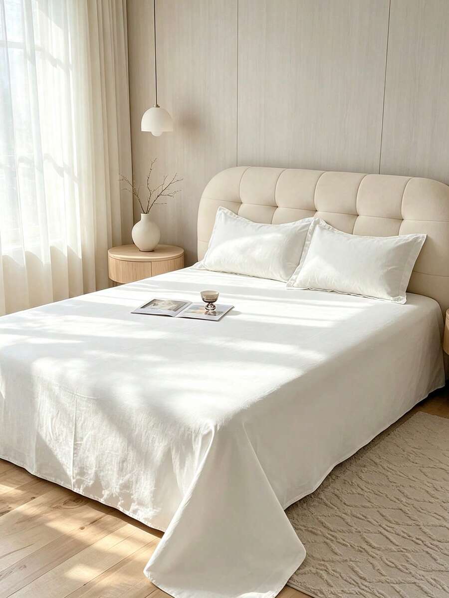 1pc 100% Polyester Lightweight Breathable, Soft And Comfortable, Solid Color Bedsheet, Modern Blended Fabric Bedroom Bedding - White - View 1