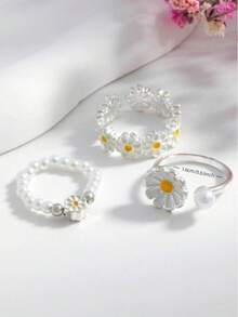 Daisy Pearl 3pcs Ring Set, Mori Style Sweet Open Oil-Drip Finger Rings, Niche Design Stackable Index Finger Rings - Multicolor - View 2