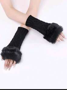 1 Pair Women's Coffee Color Short Fingerless Knit Gloves, Winter Warm & Fashionable - Multicolor - View 5