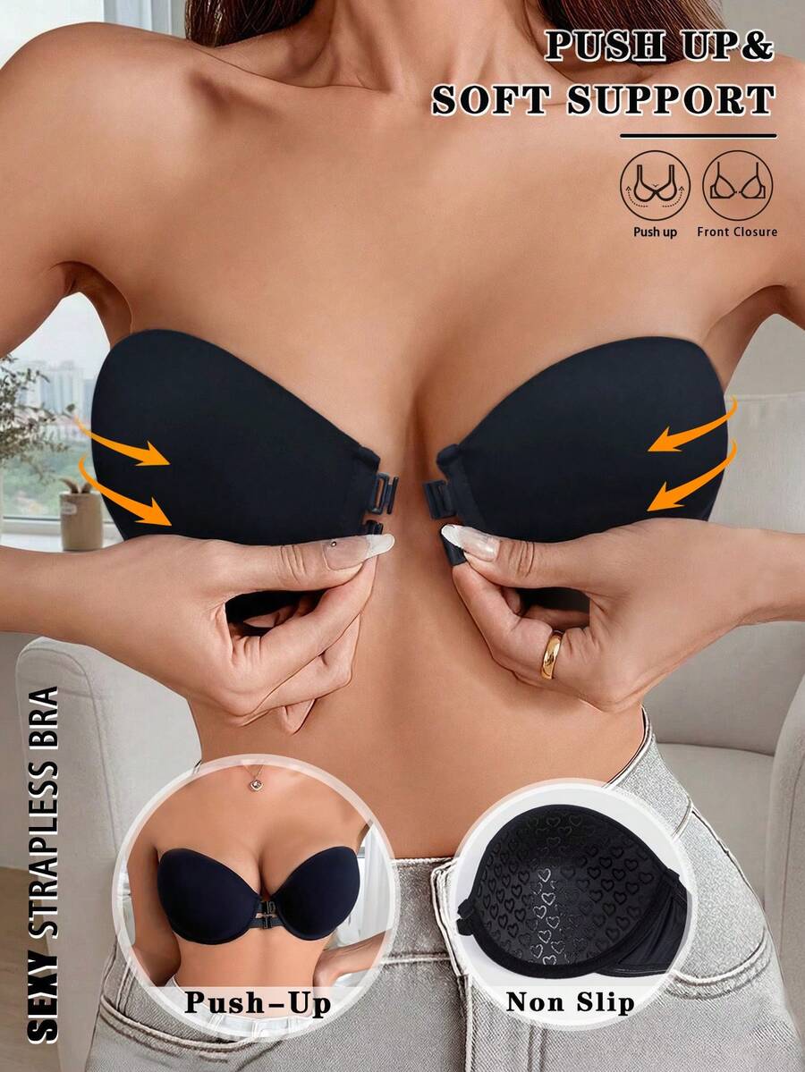 Women's Ruched Bra, Front Closure Strapless Underwire Bra, Heart-Shaped Cup, Backless Lingerie, Non-Slip Bandeau Bra, Adjustable Straps - Black - View 1