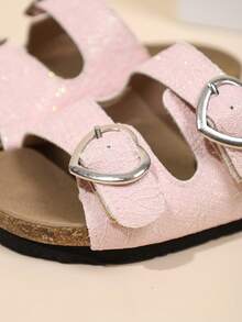 Summer New Shiny Double Buckle Girls' Sandals, Adjustable Cork Sole, Lightweight Flat Bottom, Versatile Comfortable Slip-On Slippers - Pink - View 5