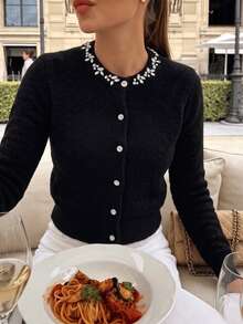 Women's Red Ruffle Peter Pan Collar Ribbed Cropped Knit Cardigan, Autumn French Style Casual Long Sleeve Top - Black - View 3