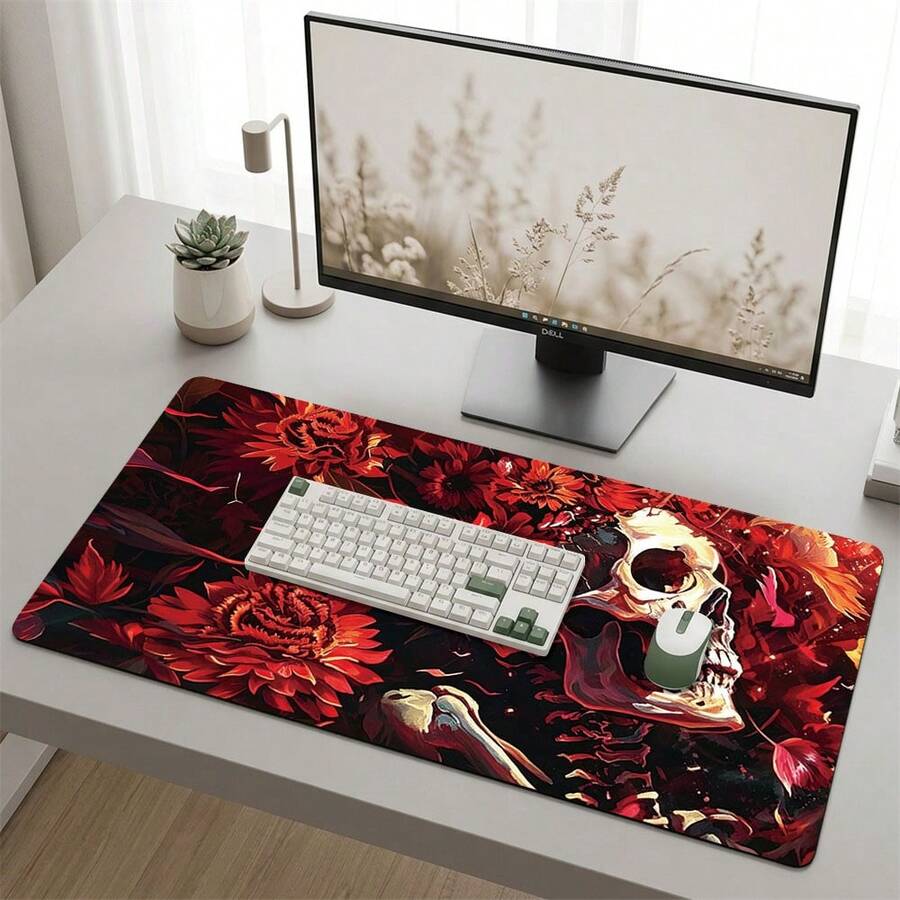 White Skeleton & Red Flower Pattern Gaming Mouse Pad, Non-Slip Rubber Desk Mat, Smooth Glide Surface For PC Laptop Office Home, Gothic Abstract Art Decor, Back To School Supplies - A - View 1