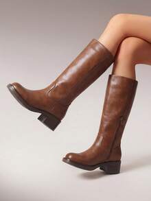 Women's Knee-High Boots, Comfortable Chunky Block Heel Pointed Toe Pull On Side Zipper Suede Slouch Riding Boots - Brown - View 4