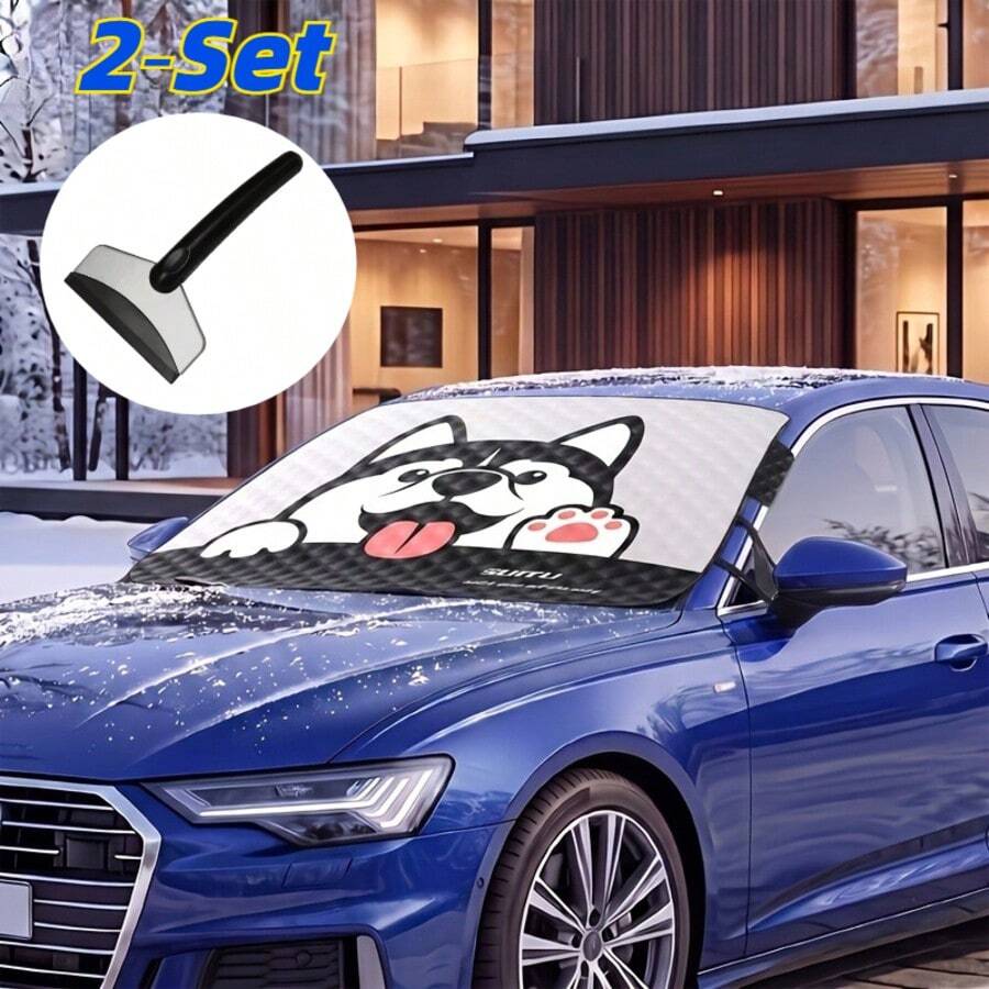 冬季汽車擋風玻璃雪罩 + 不鏽鋼雪鏟 2件組,安裝簡單,四季通用,夏季遮陽,冬季防雪防霜,綁帶固定,防風,防盜設計,適用所有車型,可愛小狗圖案 - A - 查看 1