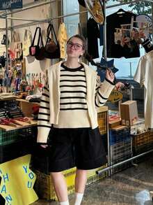 Cardigan Rajut Bergaris Musim Gugur/Dingin Baru, Sweater Longgar Model Slouchy Baru untuk Awal Musim Gugur - Aprikot - View 5